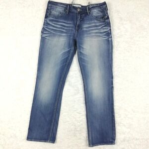 Departwest Mens Jeans Straight Leg Nomad Blue Denim Medium Wash Whiskering 34x32